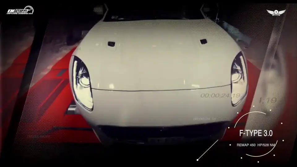 Jaguar F-Type w warsztacie EMsetup — kadr z filmu firmowego